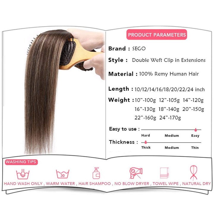 SEGO Clip in Extensions Echthaar Doppelt Tressen Haarverlängerung 8 Teilig 100% Remy Hair für Komple
