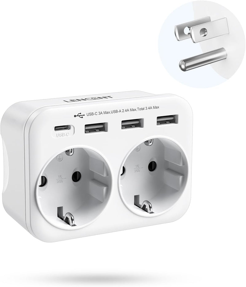 LENCENT Reiseadapter USA Deutschland Stecker, Typ B Steckdose, Reisestecker mit 1 USB-C&3 USB-A Port