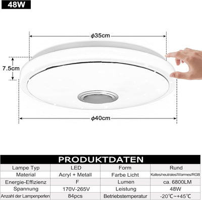 YRHome 48W LED Deckenleuchte Dimmbar mit Bluetooth Lautsprecher Deckenlampe Sternenhimmel RGB Farbwe