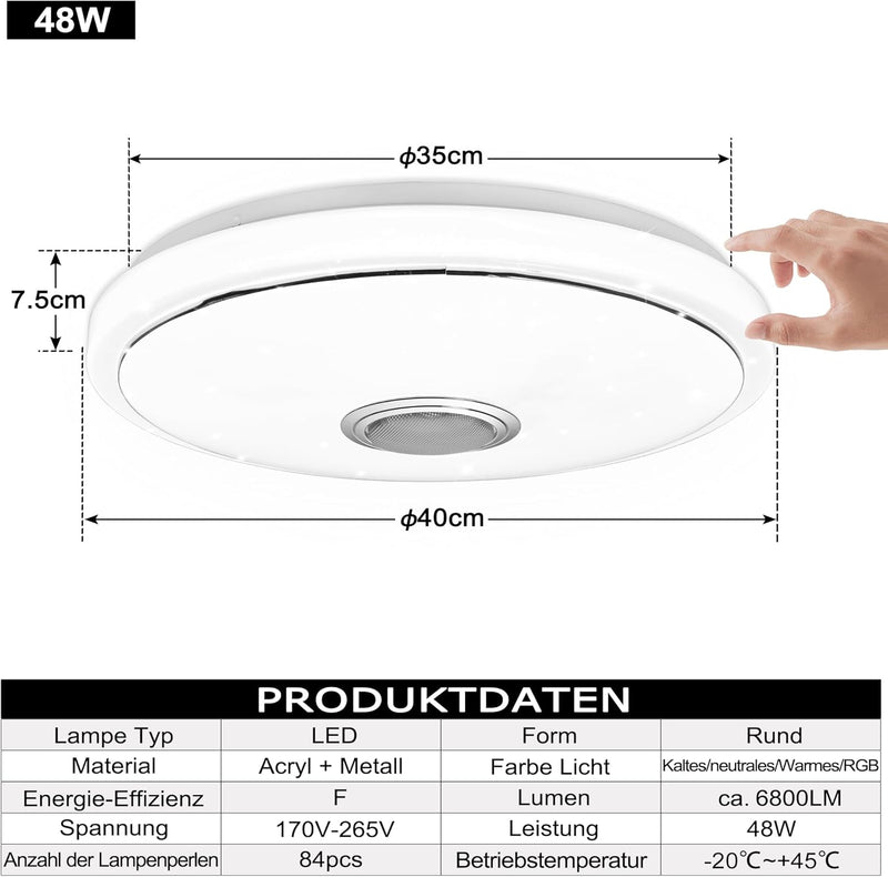 YRHome 48W LED Deckenleuchte Dimmbar mit Bluetooth Lautsprecher Deckenlampe Sternenhimmel RGB Farbwe