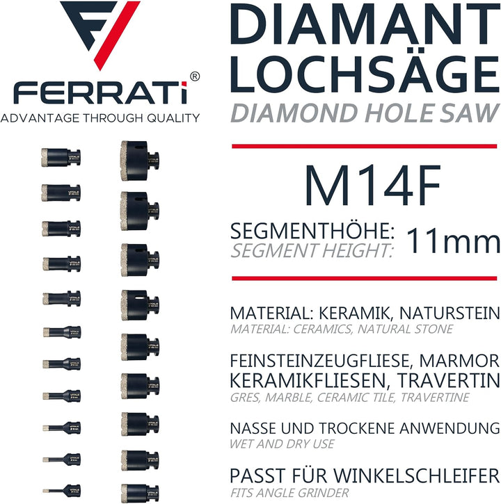 Vitale Diamant Fliesenbohrer M14 Segmenthöhe 11mm | Pro Diamantbohrer Lochsäge für Fliesen Keramik M