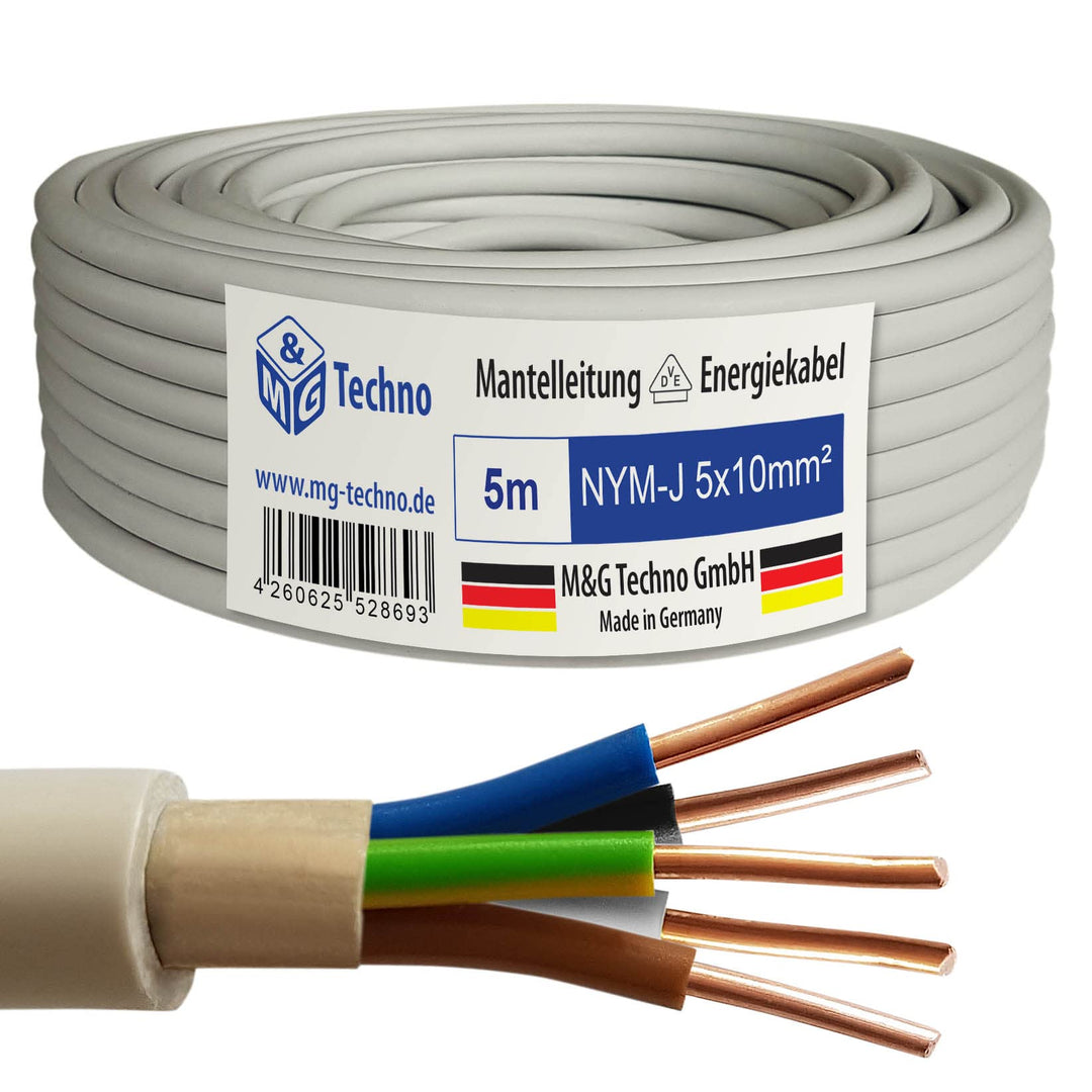 M&G Techno 5m NYM-J 5x10 mm² Mantelleitung Feuchtraumkabel Elektrokabel Kupfer Made in Germany 5m GR