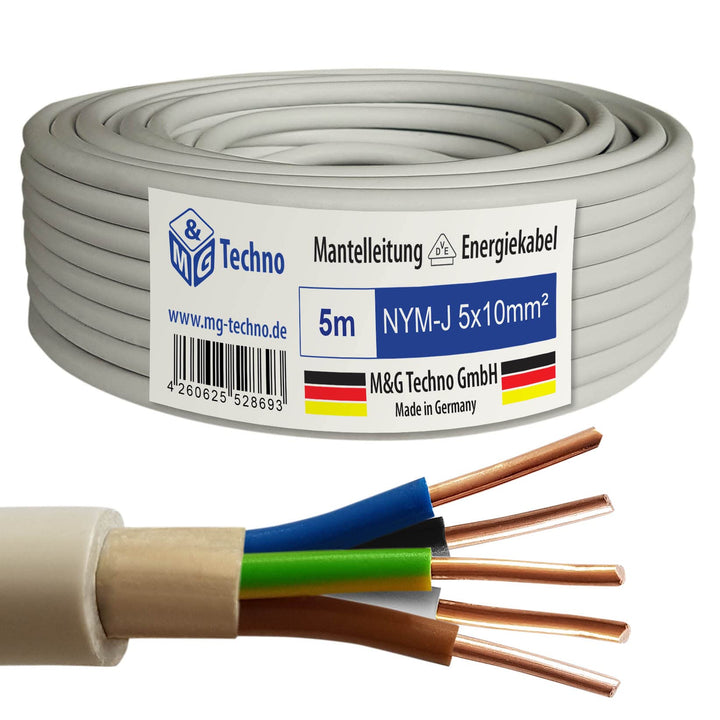 M&G Techno 5m NYM-J 5x10 mm² Mantelleitung Feuchtraumkabel Elektrokabel Kupfer Made in Germany 5m GR