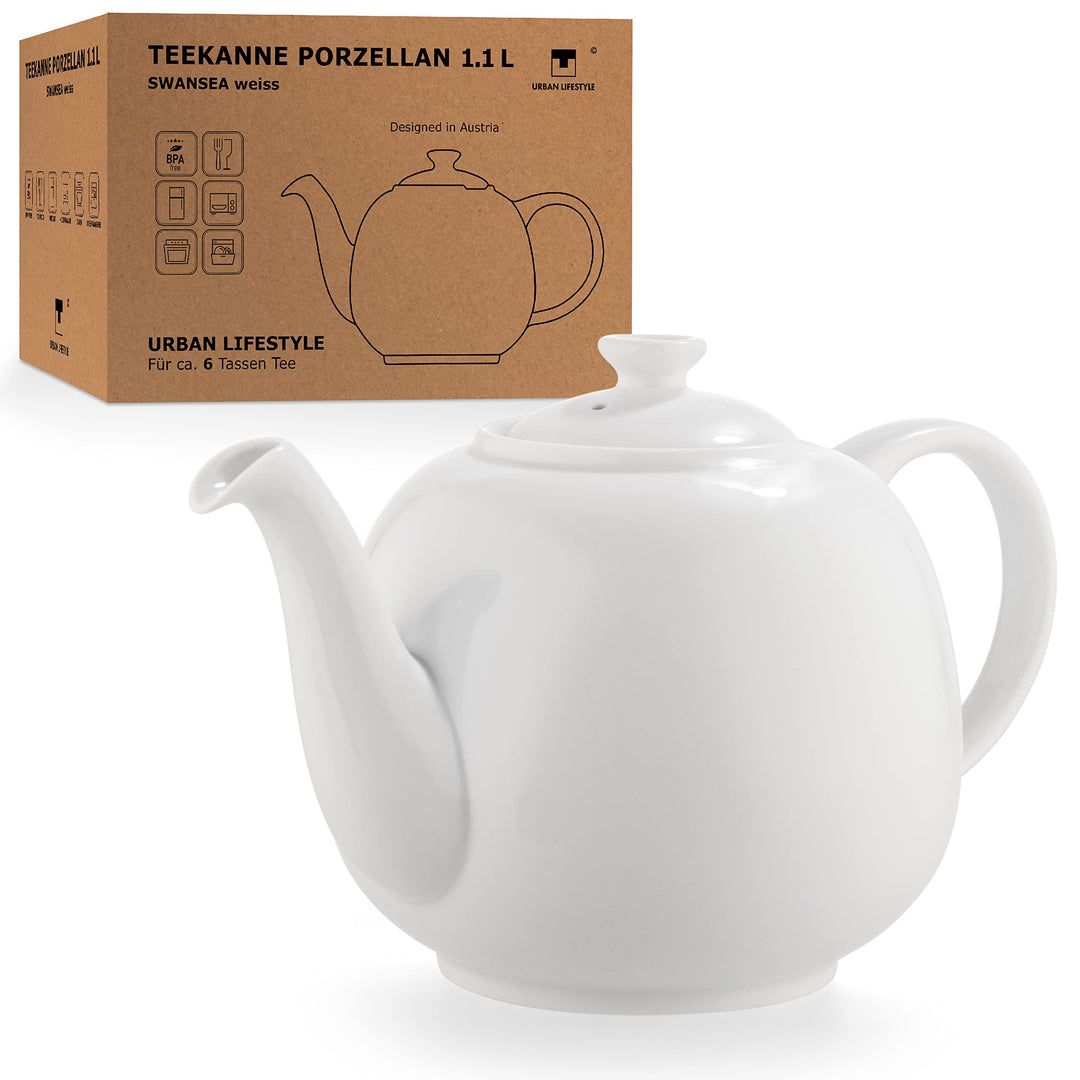 Teekanne Swansea Weiss 1,1 L Porzellan Teekanne für Teebeutel, tropffrei, Teapot Englisch grosse Por
