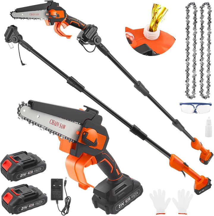 2-in-1 Mini Kettensäge 6 Zoll, 21V Akku-Hochentaster mit Verlängerungsstange 1,32–2,3 m, Elektro Hoc