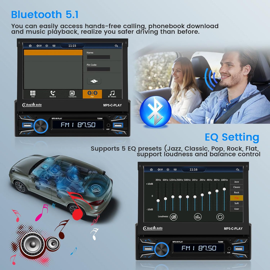 Hikity 1 Din Autoradio Wireless Carplay, 7 Zoll Bildschirm Touchscreen Motorisiertes Teleskop Displa