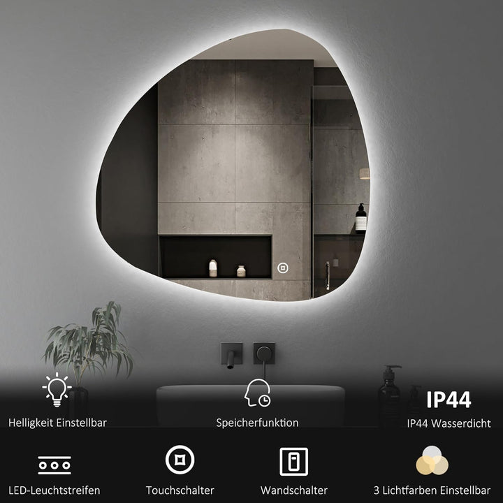 Boromal Asymmetrischer Spiegel mit Beleuchtung 80x80cm Badspiegel mit LED-Beleuchtung, Touch-Schalte
