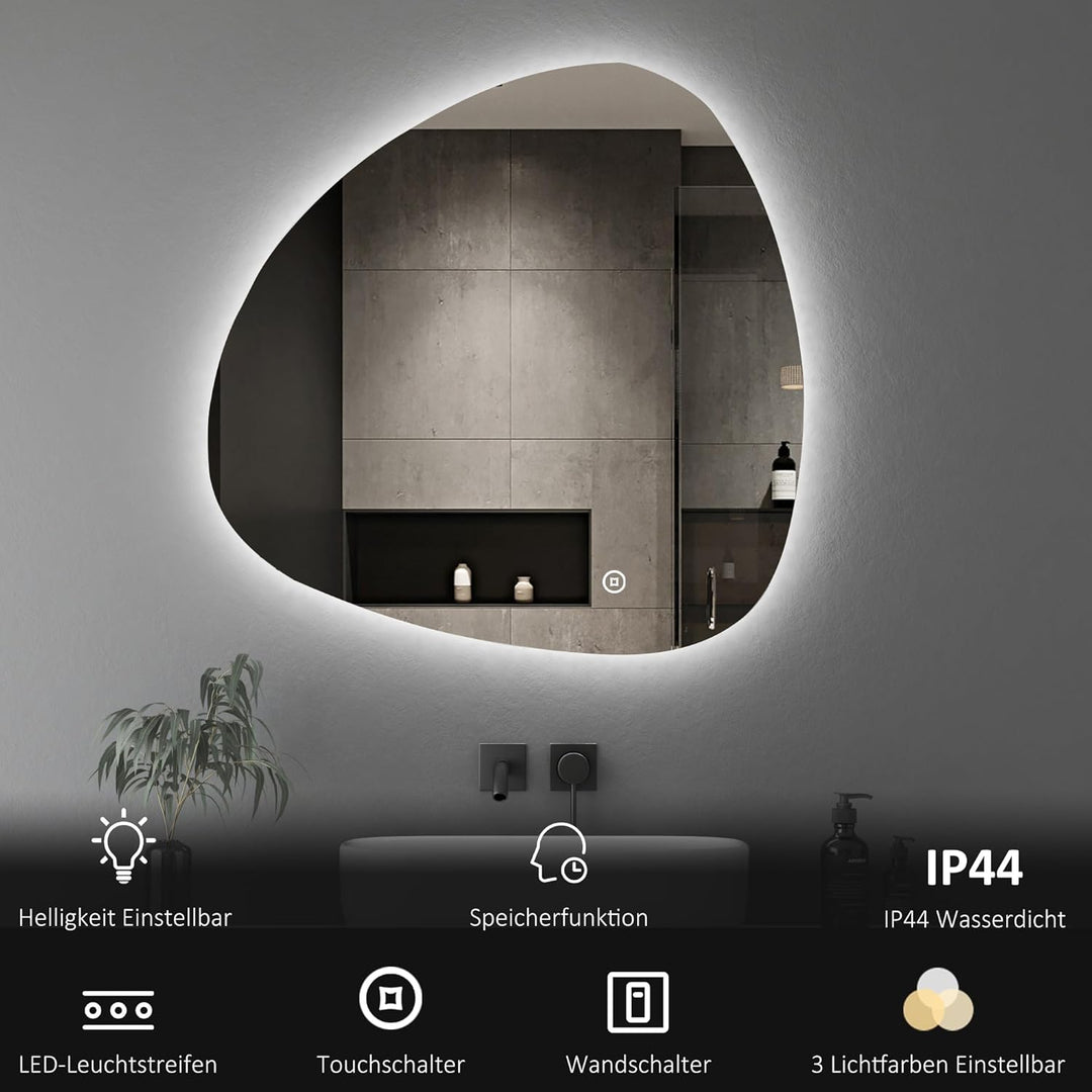 Boromal Asymmetrischer Spiegel mit Beleuchtung, Badspiegel mit Beleuchtung 80x80cm Badezimmerspiegel