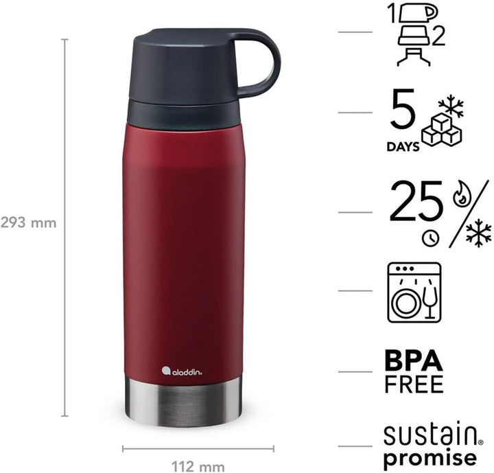 Aladdin CityPark Thermavac Twin Cup Bottle 1.1L Burgundy Red – BPA FREE Stainless Steel Bottle with