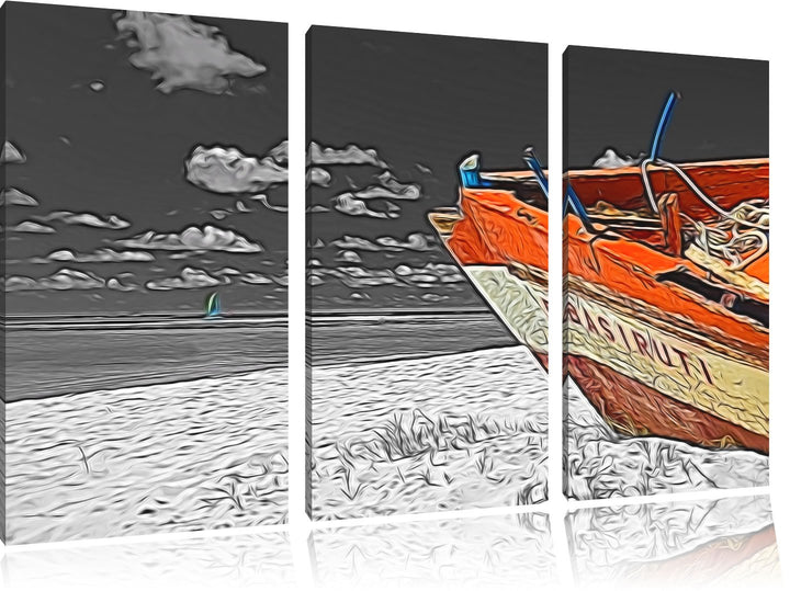 beeindruckendes Boot am Strand schwarz/weiss Deluxe 3-Teiler Leinwandbild 120x80 Bild auf Leinwand,