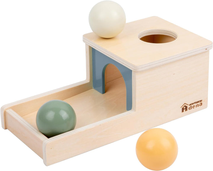 Adena Montessori Object Permanence Box mit Tablett, DREI Holzkugeln, Montessori-Spielzeug für 6–12 M