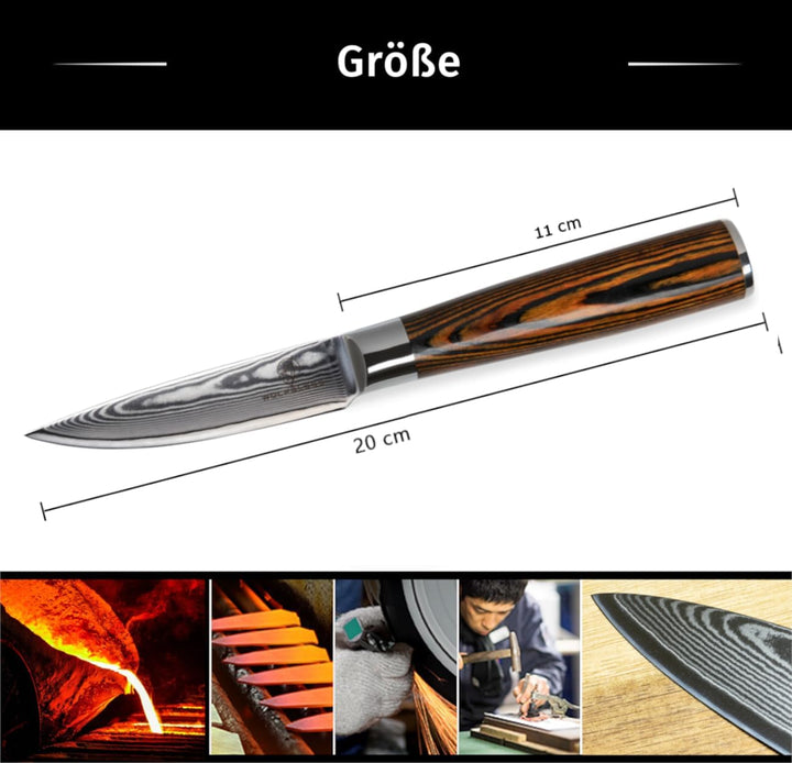 Wolfblood Damastmesser Schälmesser S (20cm) TÜV geprüfter 62 HRC Damaststahl aus 67 Lagen I Obstmess