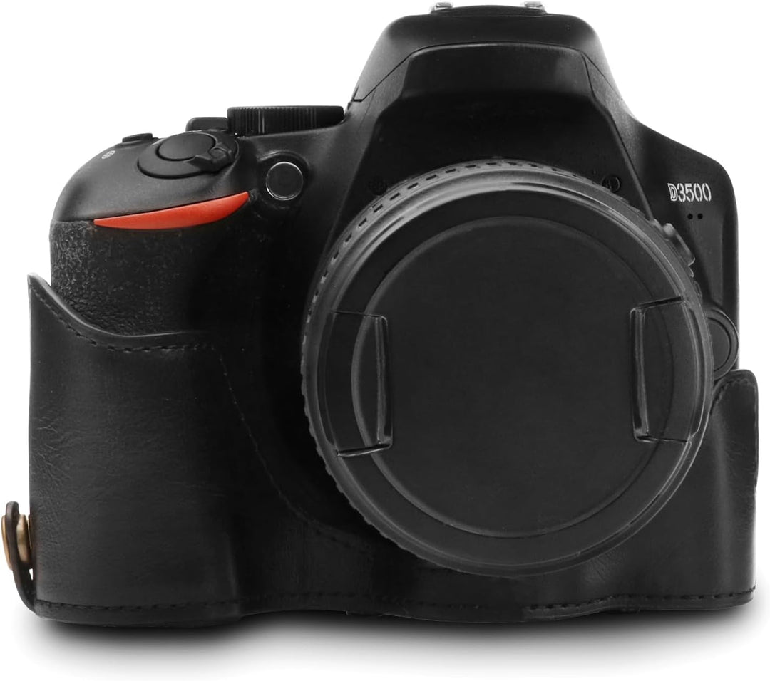 MegaGear MG1535 Nikon D3500 Ever Ready Leder Kamera-Case mit Trageriemen - Schwarz, Schwarz