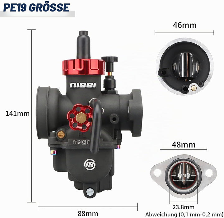 NIBBI Vergaser PE19mm, passt 100cc/110cc/125cc Flansch Motorrad Motoren, drei Hauptstrahl und ein la