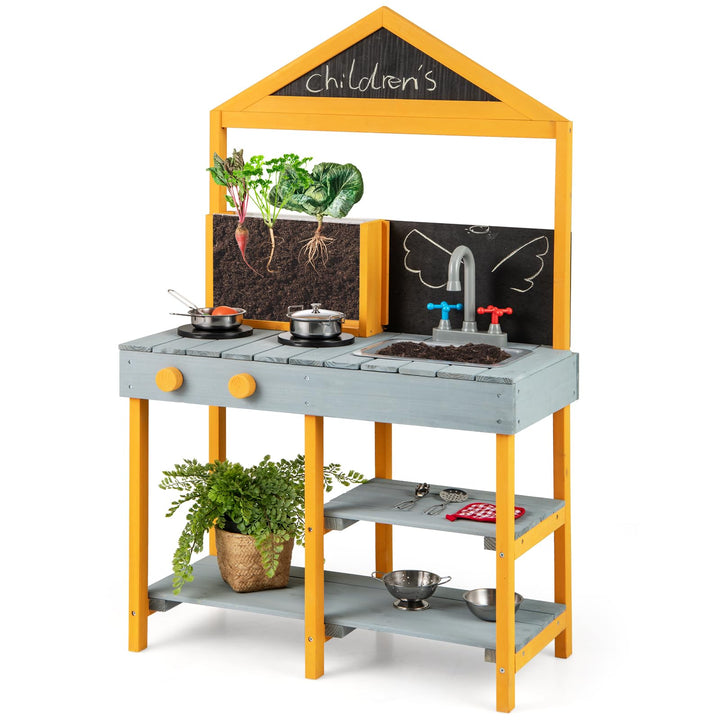 COSTWAY Matschküche Kinder Outdoor, Kinderküche Tannenholz mit Pflanzbehälter & 2 Kreidetafeln & Was