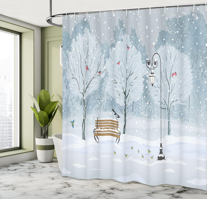 ABAKUHAUS Winter Duschvorhang, Schnee in Park Weihnachtsbaum, Stoffliches Gewebe Badezimmerdekoratio