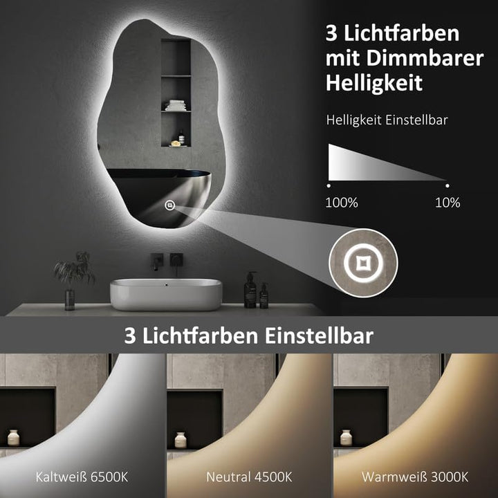 Boromal Badspiegel mit Beleuchtung Asymmetrischer Spiegel mit Beleuchtung 52x85cm LED Spiegel mit Li