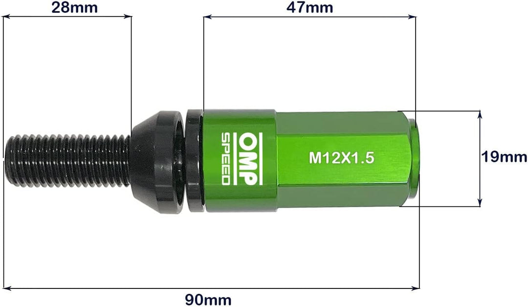 OMP SPEED Set 20 Radschrauben schwarz mit metrischer M12X1,5 Schlüssel 17-19 lang Gewinde 28 mm mit