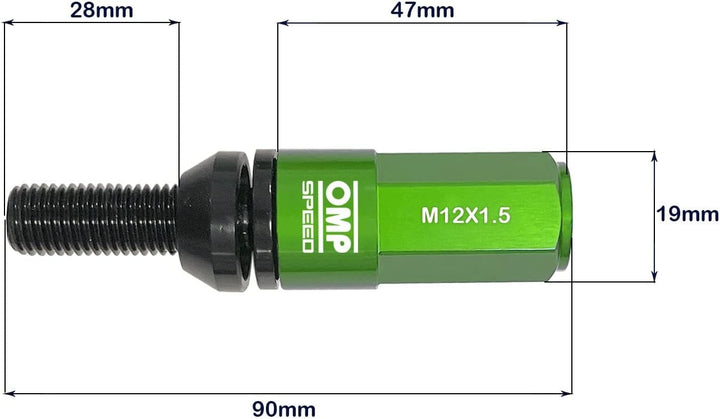 OMP SPEED Set 20 Radschrauben schwarz mit metrischer M12X1,5 Schlüssel 17-19 lang Gewinde 28 mm mit