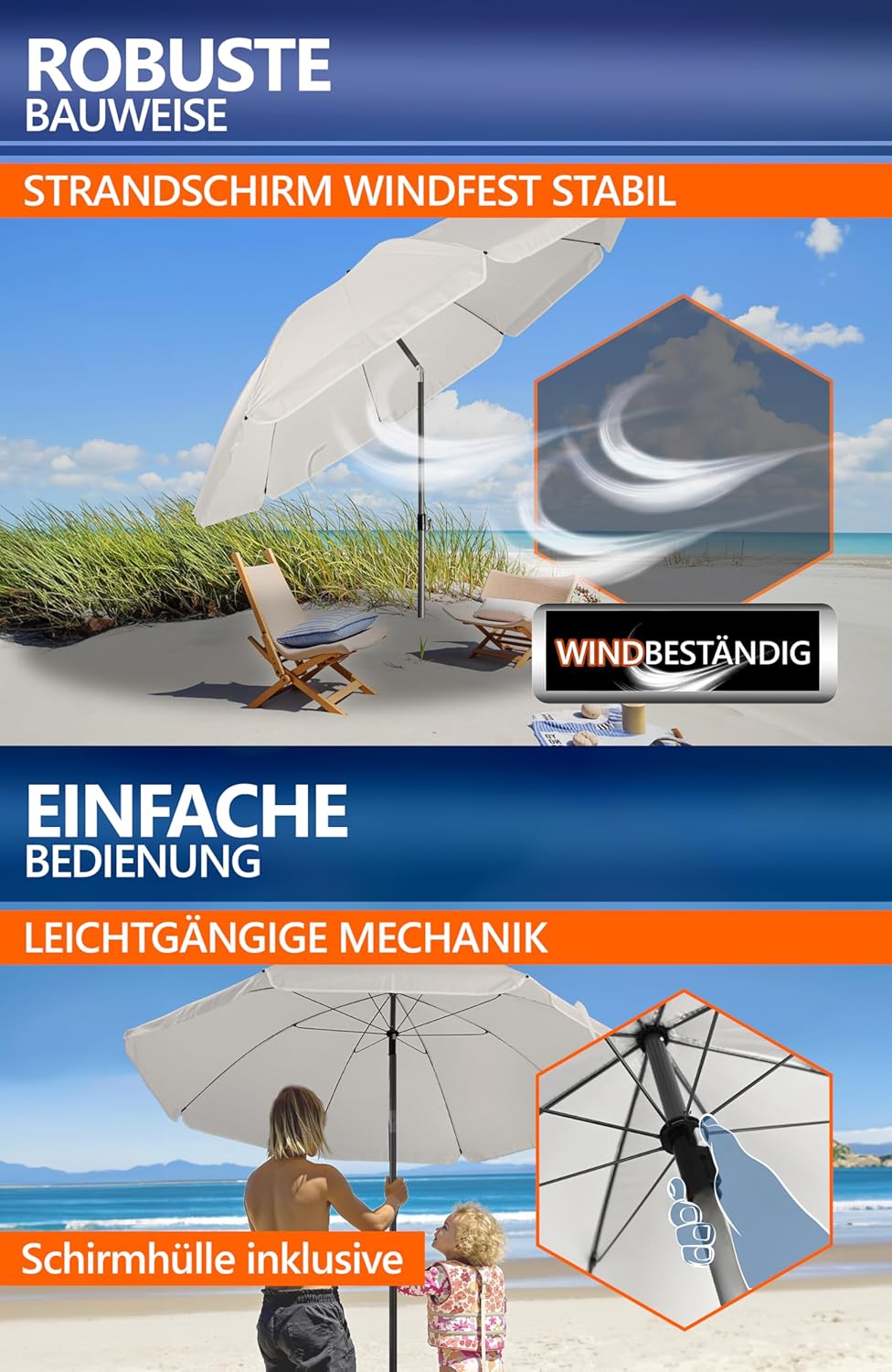 4smile Sonnenschirm Strand Ø 180 cm mit Hüll, Beige - UPF 50+ Strandschirm SunnyJoy, Strandschirm wi