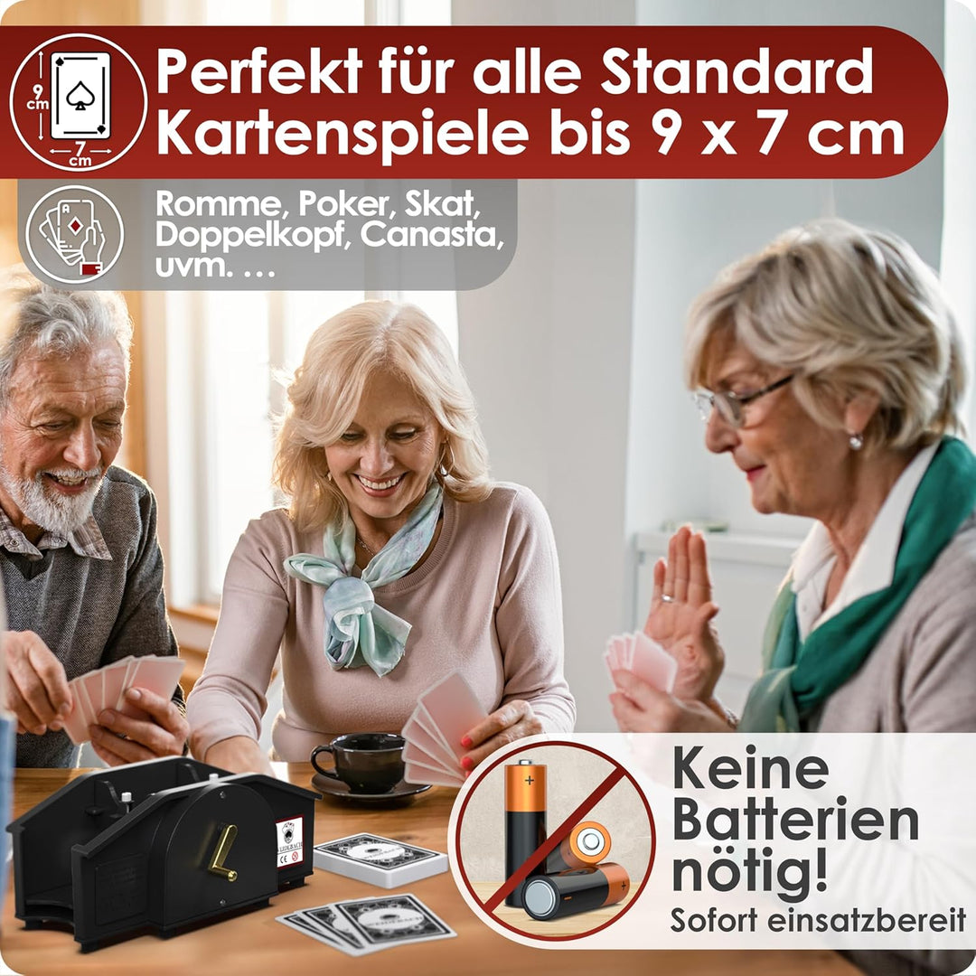 Schwarze Kartenmischmaschine mit Goldener Kurbel für alle Standard Kartenspiele, Kartenmischer mit 2