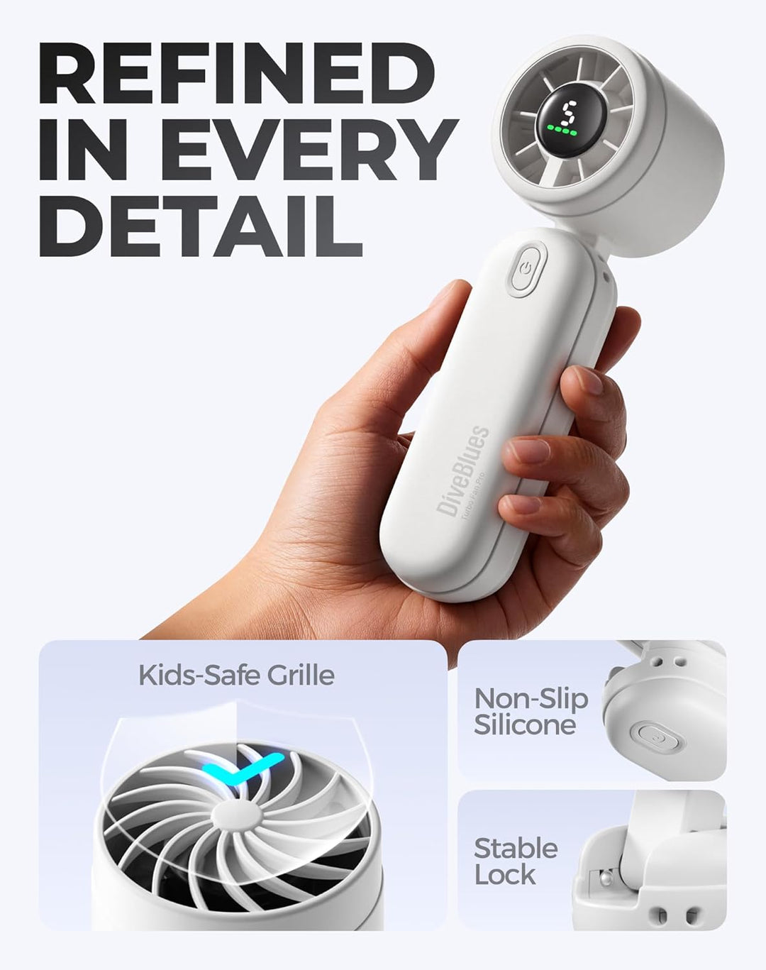 Diveblues 3-in-1 Handventilator Turbo Ventilator mit 4000mAh USB-Akku Aufladbar, 5 Stufen, Faltbar T