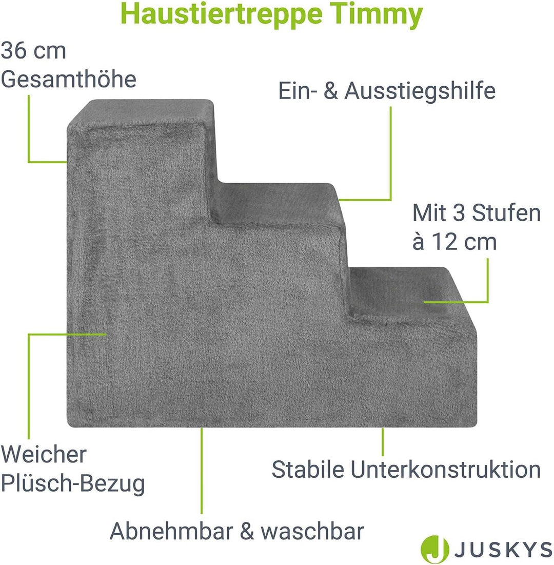 Juskys Haustiertreppe Hundetreppe 36 cm - Treppe 3 Stufen Plüsch-Bezug waschbar - Katzentreppe Hunde