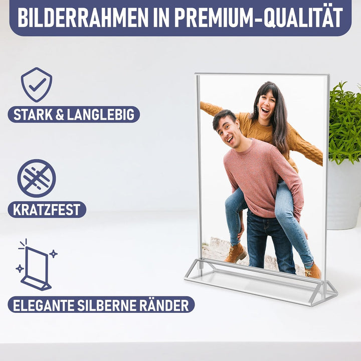 Silberne Bilderrahmen doppelseitig – 6 Stück – A4 Acryl Silber Tischnummernhalter, transparente Staf