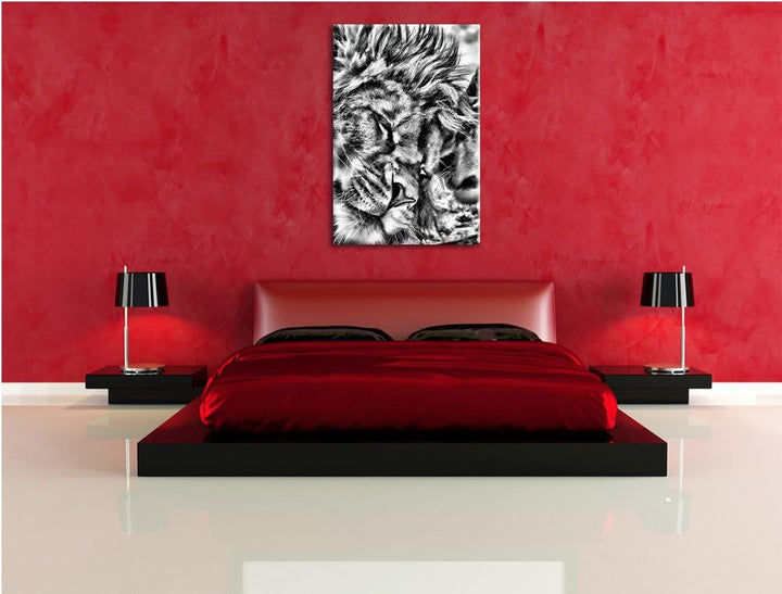 Pixxprint Kuschelnde Löwen als Leinwandbild/Grösse: 100x70 / Wandbild/Kunstdruck/fertig bespannt, 10