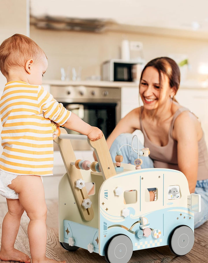 ROBUD Lauflernwagen Holz, Multifunktion Baby Lauflernhilfe mit & Rädern & Bauklötzen Spielgeräte Akt