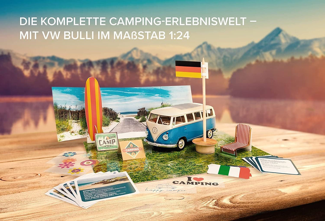 FRANZIS 55115 - Caravaning Adventskalender, VW Bulli T1 Metall Modellbausatz im Massstab 1:24, mit 5