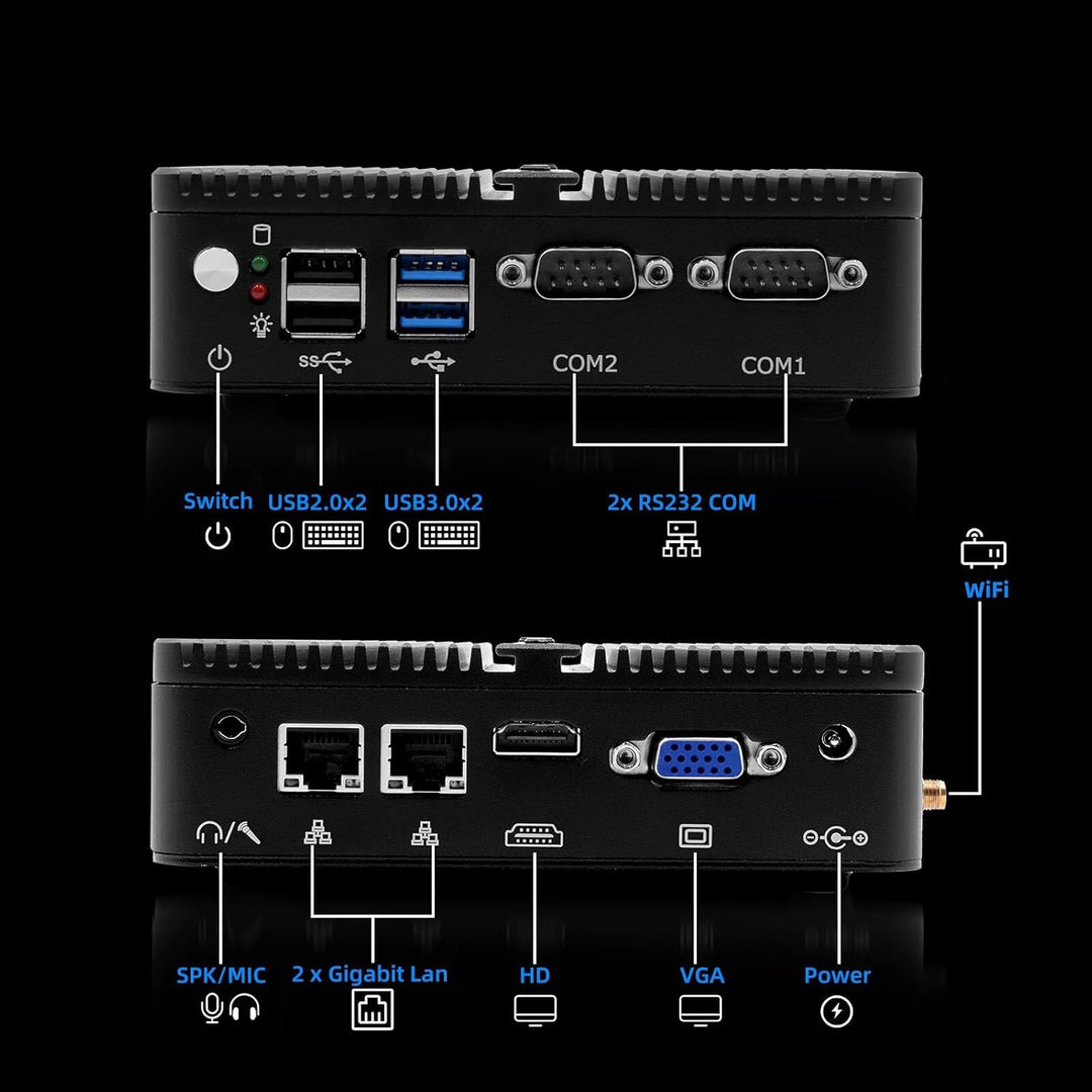 WEIDIAN Lüfterloser Mini PC Windows 10 Pro Quad Core Celeron J4125, 8GB DDR4 RAM 128G SSD, 4K HDMI/V