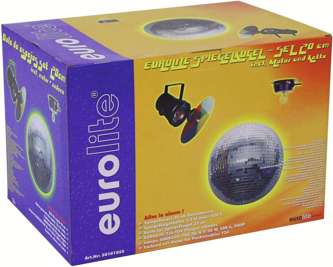 EUROLITE Spiegelkugelset 20cm mit Pinspot | Set bestehend aus Motor, Spiegelkugel, Kette, Pinspot un
