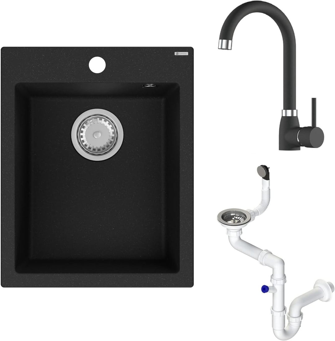 GRANMASTER Ivo Granitspüle 1 Becken mit Armatur und Siphon - Spülbecken Arbeitsplatte Küche Waschbec