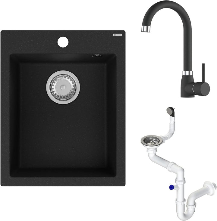 GRANMASTER Ivo Granitspüle 1 Becken mit Armatur und Siphon - Spülbecken Arbeitsplatte Küche Waschbec