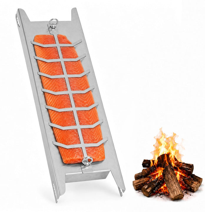 Flammlachsbrett aus Edelstahl,59,5 cm,für Grill &amp; Feuerschale | 180° drehbarer Fischhalter mit 5-fac