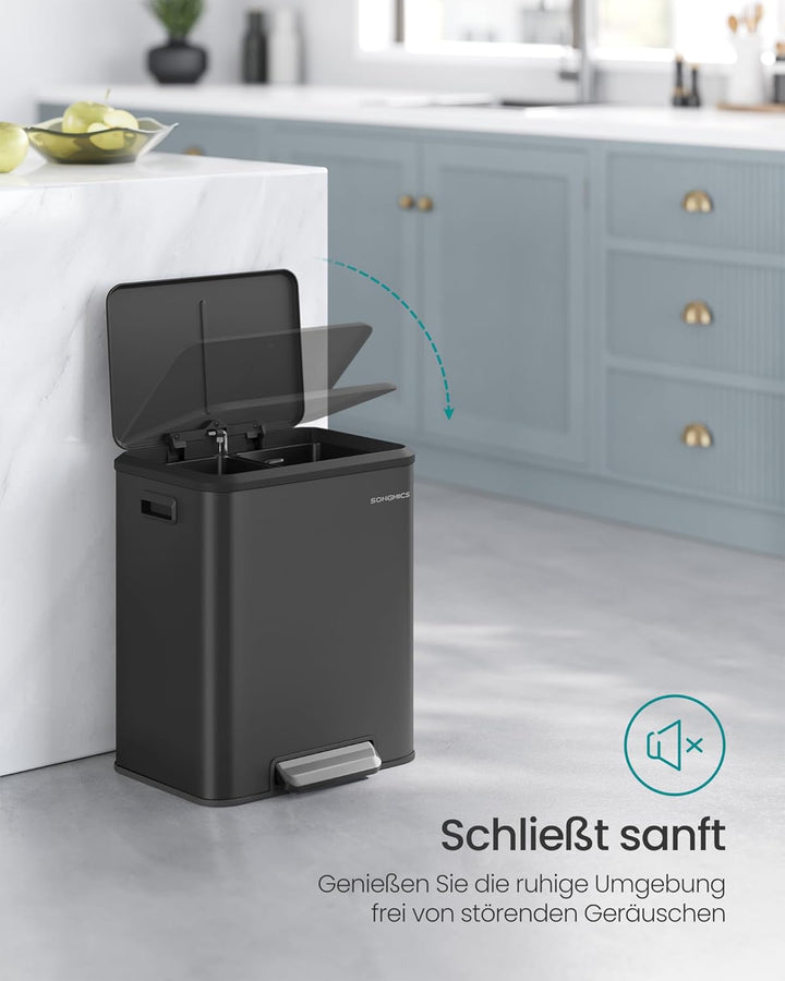 SONGMICS Mülleimer Küche, Mülltrennsystem 2 x 15 L, 2 Fächer für Recycling und Restmüll, Abfalleimer