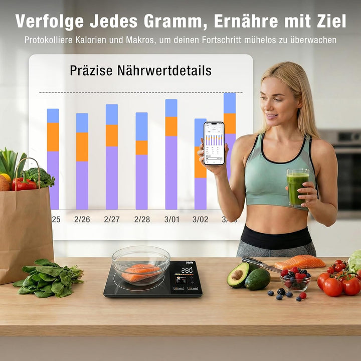 Diyife Smart Küchenwaage mit Kalorienzähler, Farbigem TFT-Display Lebensmittelwaage, APP-Kompatibel