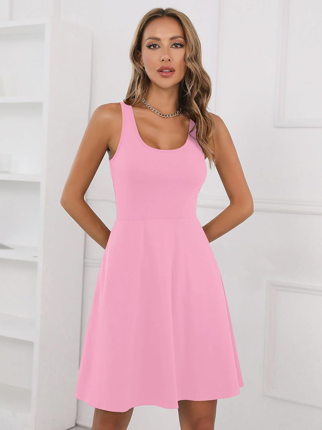 Missufe Damen Sommerkleid Minikleid Rockabilly Freizeitkleid Skaterkleid Kurzes Tank Kleider M Rosa,