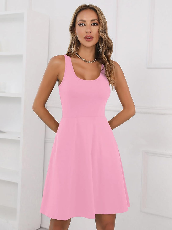 Missufe Damen Sommerkleid Minikleid Rockabilly Freizeitkleid Skaterkleid Kurzes Tank Kleider L Rosa,