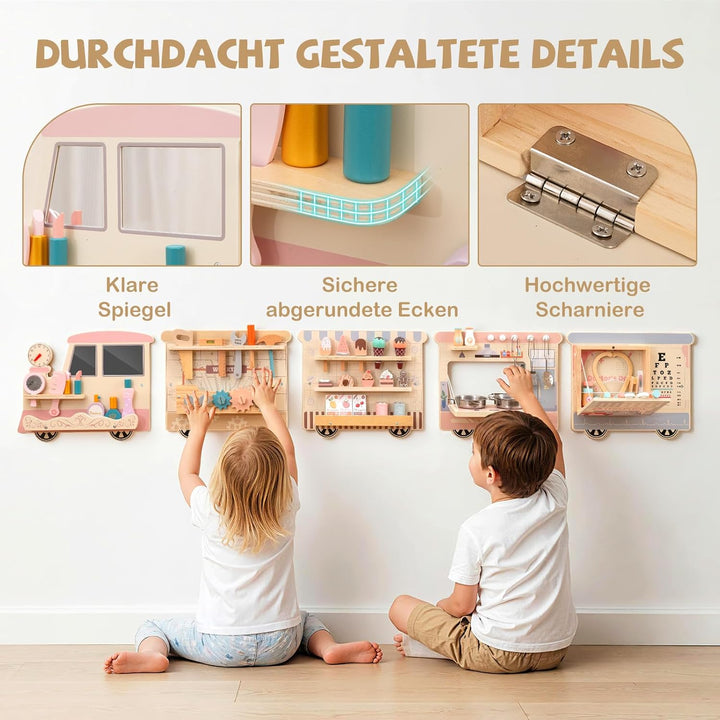 DREAMADE Montessori Busy Board, Motorikbrett aus Holz mit Blöcken &amp; Xylophon &amp; Zahnrädern &amp; Uhr, Mon