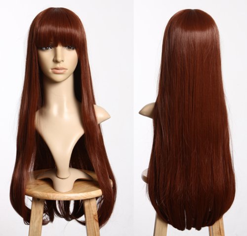 Prettyland C865 - Langhaar Perücke Braun 75cm Lang Glatt Viel Volumen Gerader Pony Wig