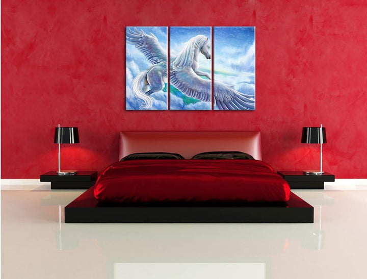 Pixxprint Pegasus fliegt über den Wolken / 3-Teilig/Gesamtmass 120cm Leinwandbild bespannt auf Holzr