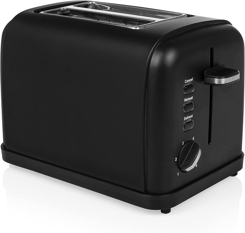 Princess Black Steel Toaster mit Brötchenaufsatz - 6 einstellbare Bräunungsstufen, Auftau-, Aufwärm-