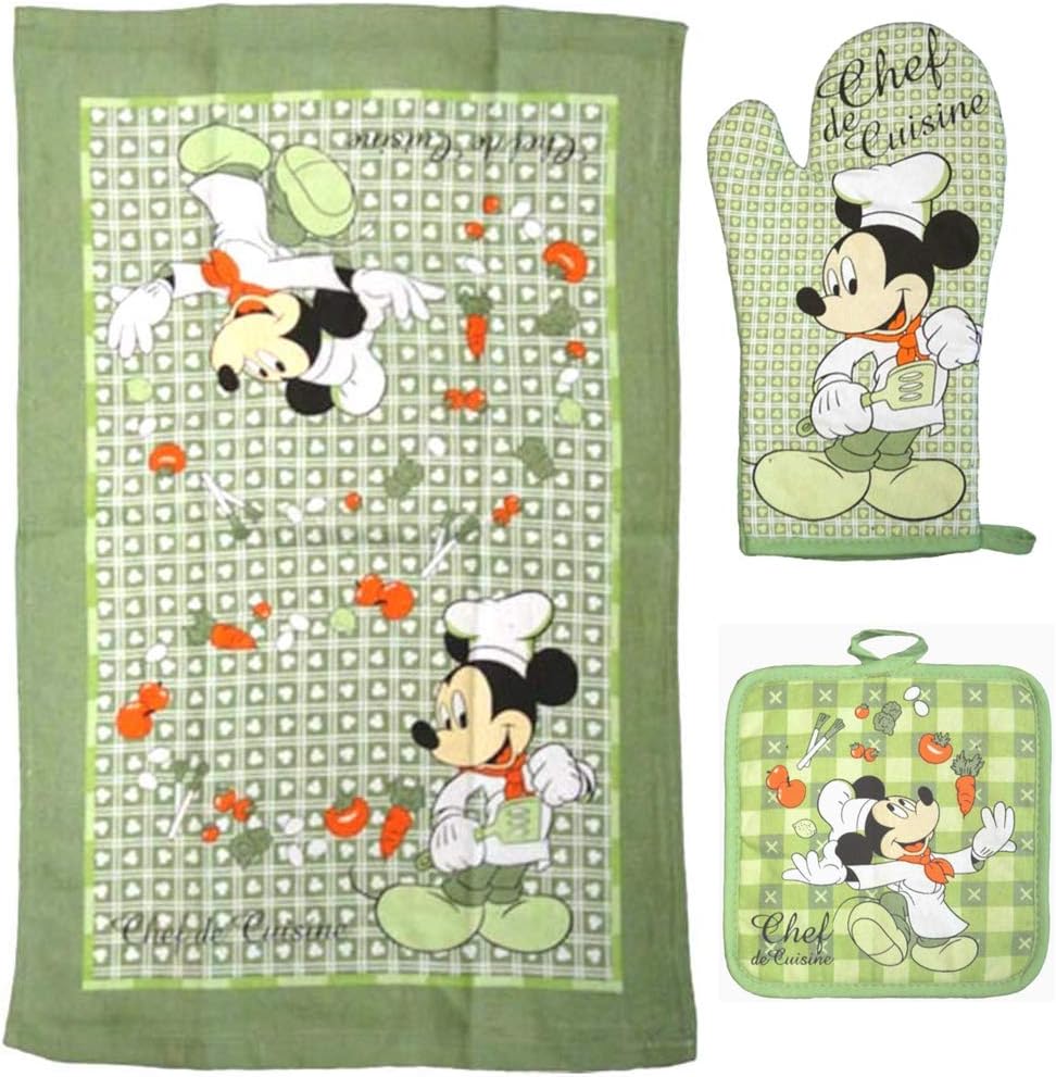 Disney Oven Mitt Pot Holder & Dish Towel 3 pc Kitchen Set (Mickey Mouse Green) Grün, Grün