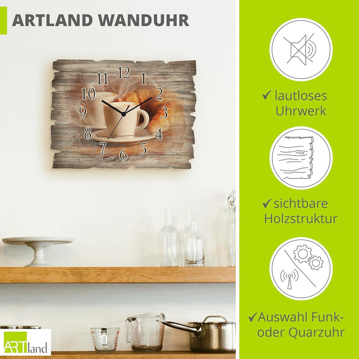 ARTLAND Wanddeko Wanduhr ohne Tickgeräusche aus Holz Quarzuhr 40x30 cm Rechteckig Lautlos Kaffee Cap