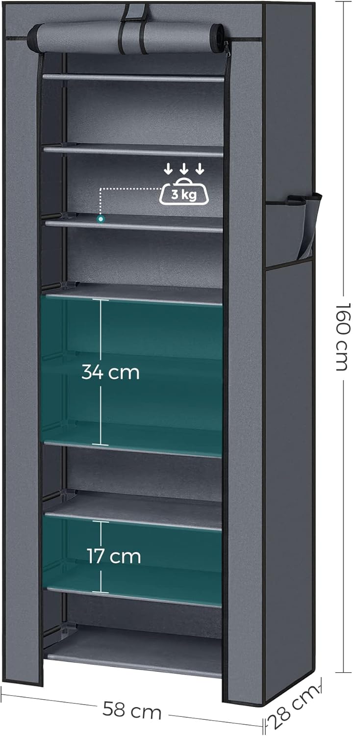 SONGMICS Schuhregal mit 10 Ebenen, 28 x 58 x 160 cm, Schuhschrank, Schuhaufbewahrung, mit staubdicht