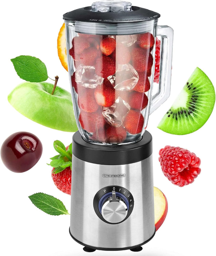 Standmixer | 800 Watt | 6-Fach Metallmesser | 1,5 Liter | 5 Stufen | Glas Edelstahl | Pulsfunktion |
