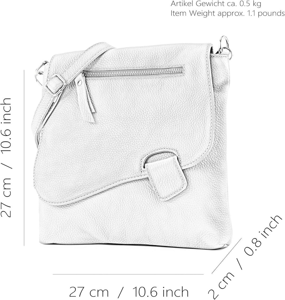 modamoda de - T146 - ital Messengertasche Umhängetasche aus Leder Weiss/Schwarz, Weiss/Schwarz
