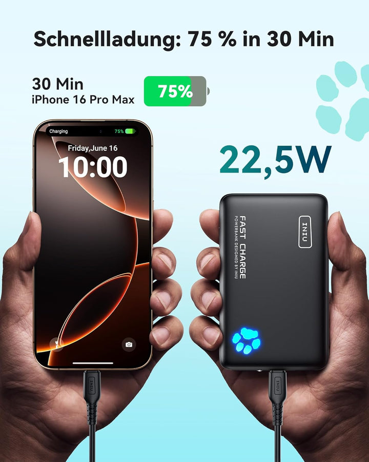INIU Power Bank, 22,5W Powerbank Klein Aber Stark 10000mAh (USB C In & Out), PD3.0 QC4.0 Externe Han